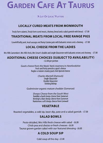 The Garden Cafe Menu