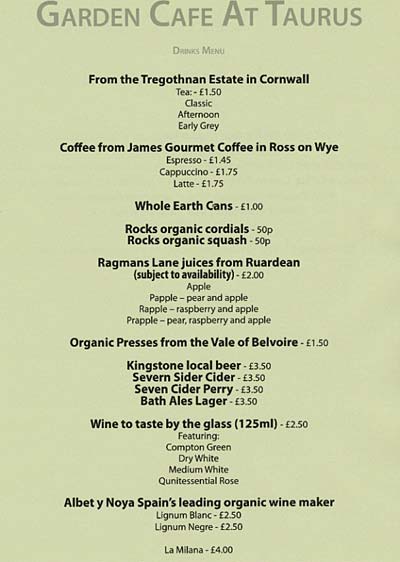 The Garden Cafe Menu
