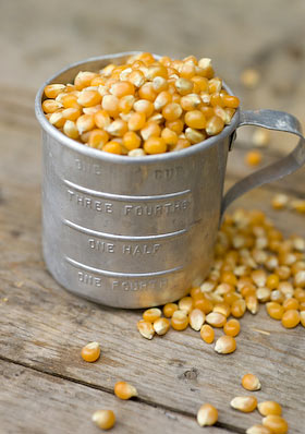 a vintage cup measure filled with popping corn