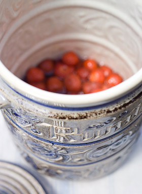 strawberries are the first layer of fruit to go into the rumtopf jar