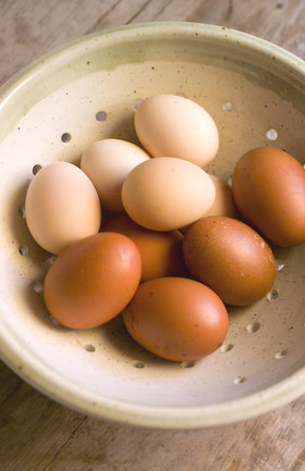 a stoneware bowl of free range eggs